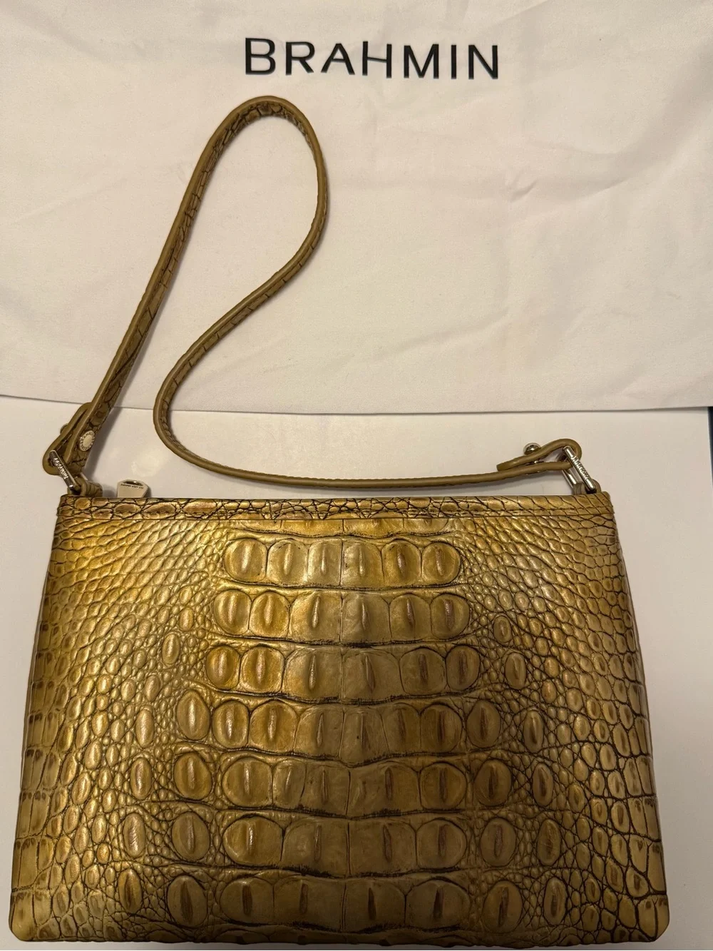 Brahmin Lorelei Metallic Gold Croc-Embossed Shoulder Bag